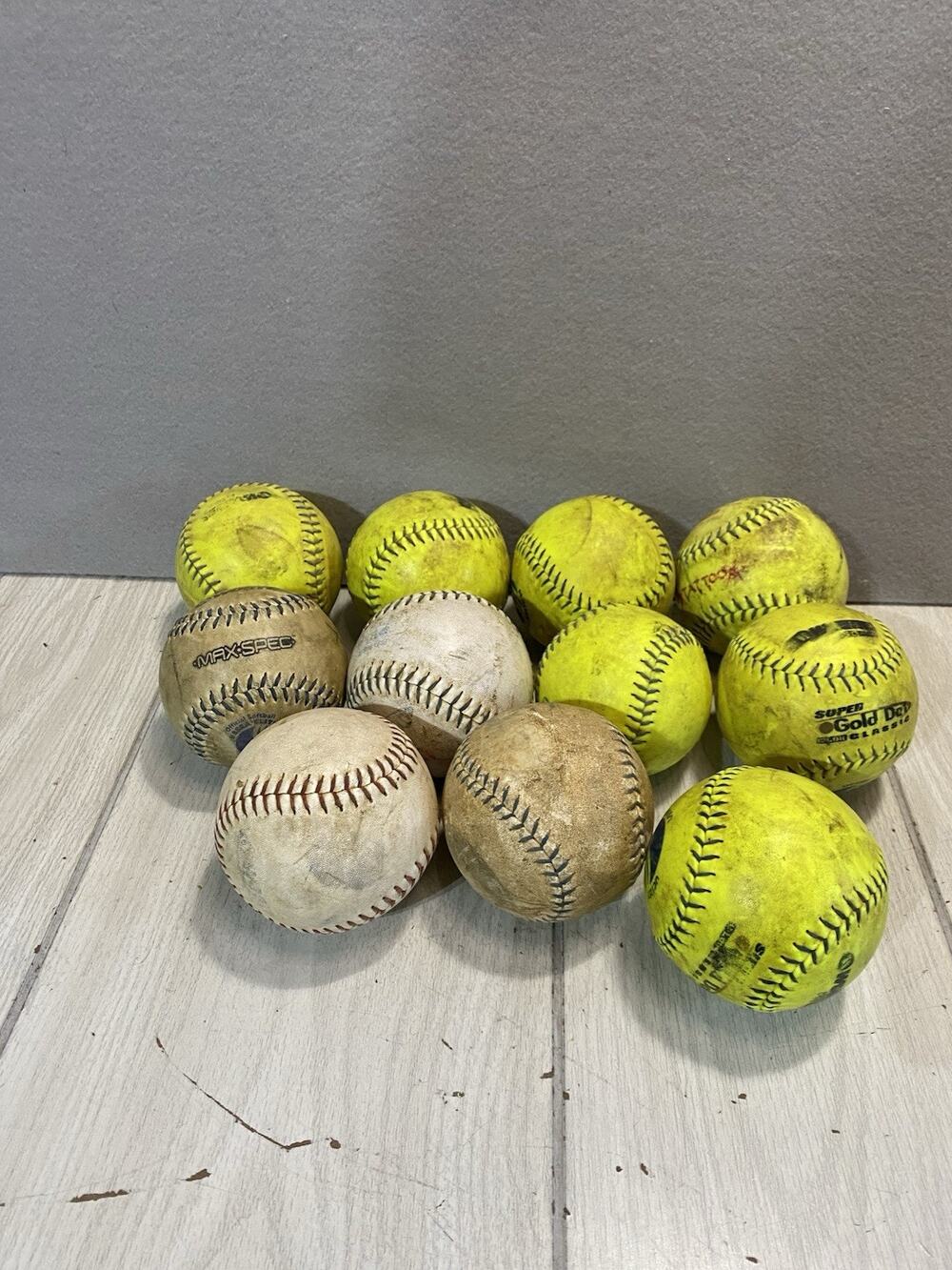 Mixed Lot of 11 Used 12” Fast/Slow-pitch Softballs, Fielding practice